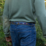 A man wearing the It's 5 o'clock Somewhere Ribbon Belt from Belted Cow Company Thumbnail