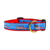 Lobster Boats Ribbon Dog Collar in Blue / Red - Collar Width: 1 Inch