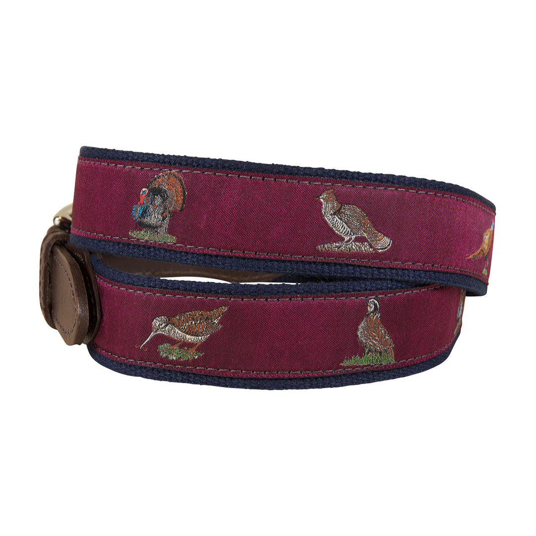 Woodland Birds Ribbon Club Belt in Burgundy