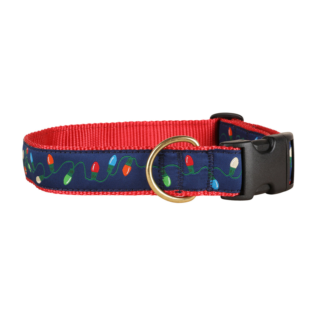 Tangled Christmas Lights Ribbon Dog Collar in Navy; Collar Width: 1.25 Inch